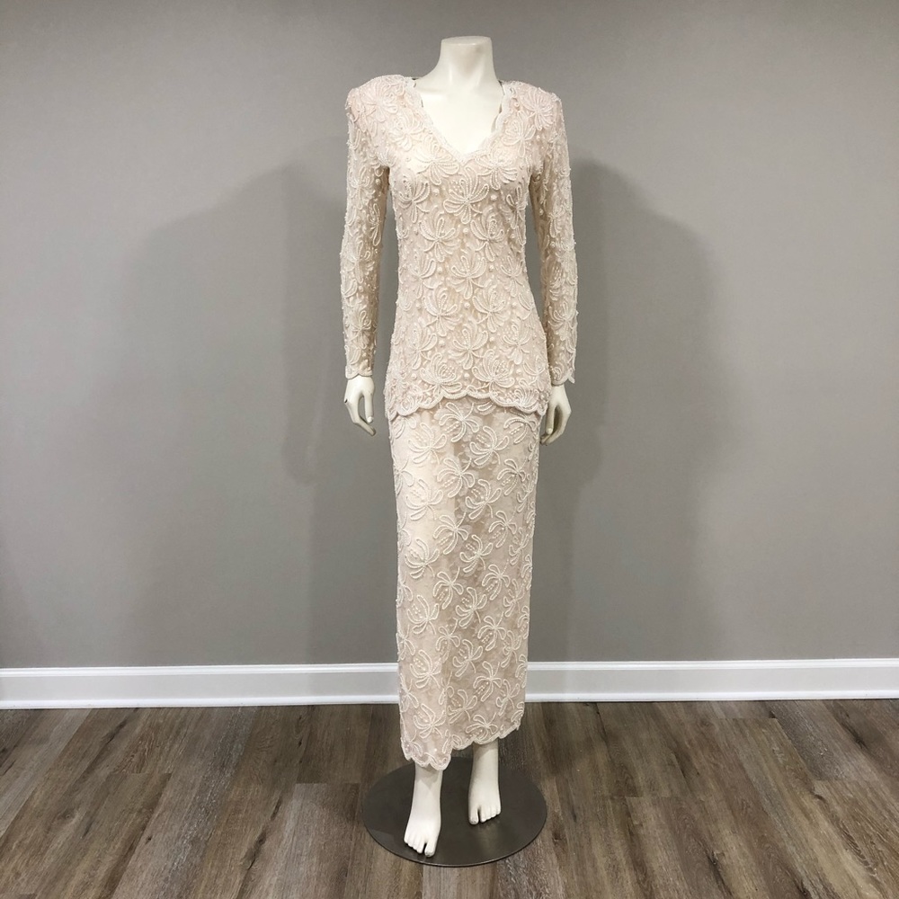 Blush peach beaded long sleeve dress